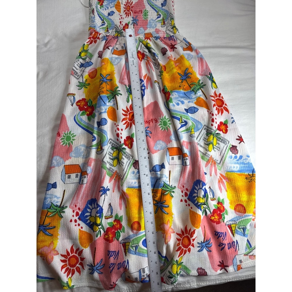 Loft Beach Tropical Vacation Print Smocked Midi Dress Womens Small White Multi - Picture 4 of 4